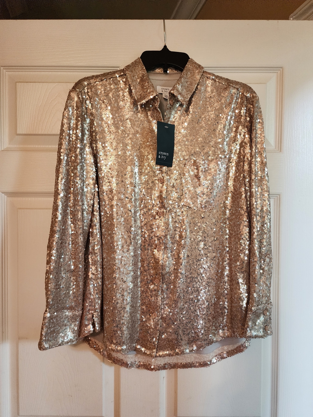 crown & ivy Rose Gold Sequin Button-Down Shirt